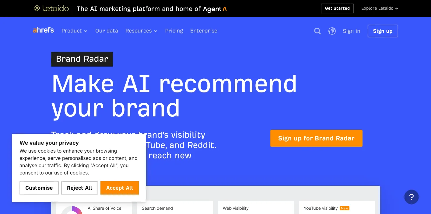 Ahrefs Brand Radarのトップページのスクリーンショット