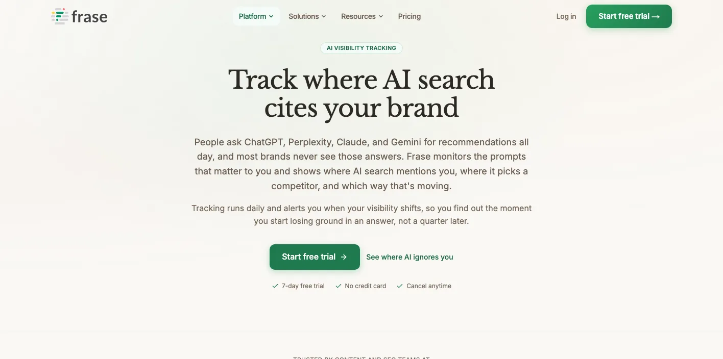 Frase AI Trackingのトップページのスクリーンショット