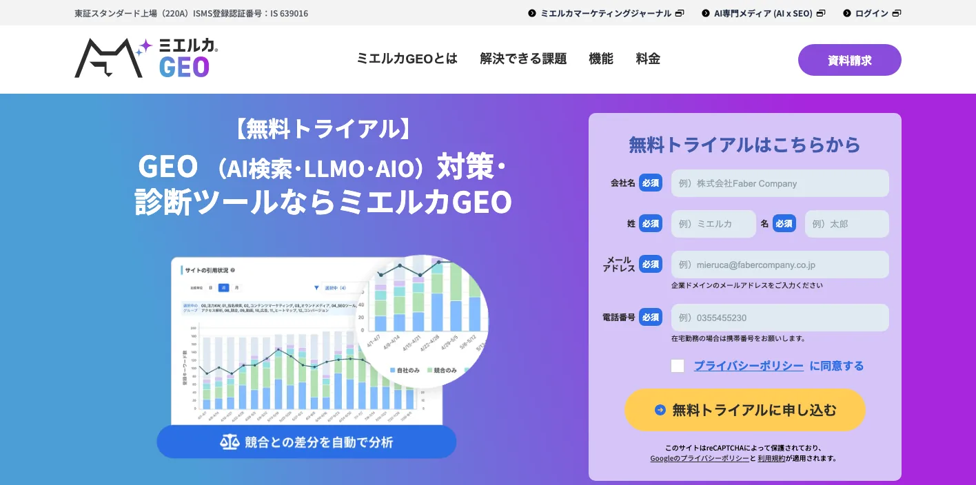ミエルカGEOのトップページのスクリーンショット