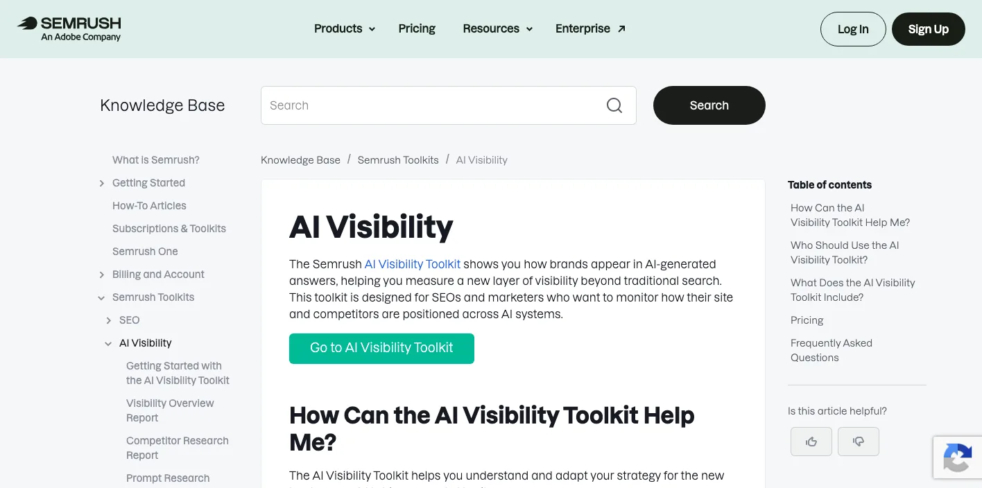Semrush AI Visibility Toolkitのトップページのスクリーンショット