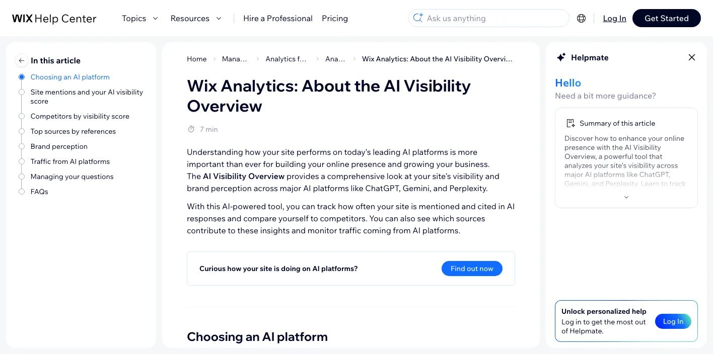 Wix AI Visibility Overviewのトップページのスクリーンショット
