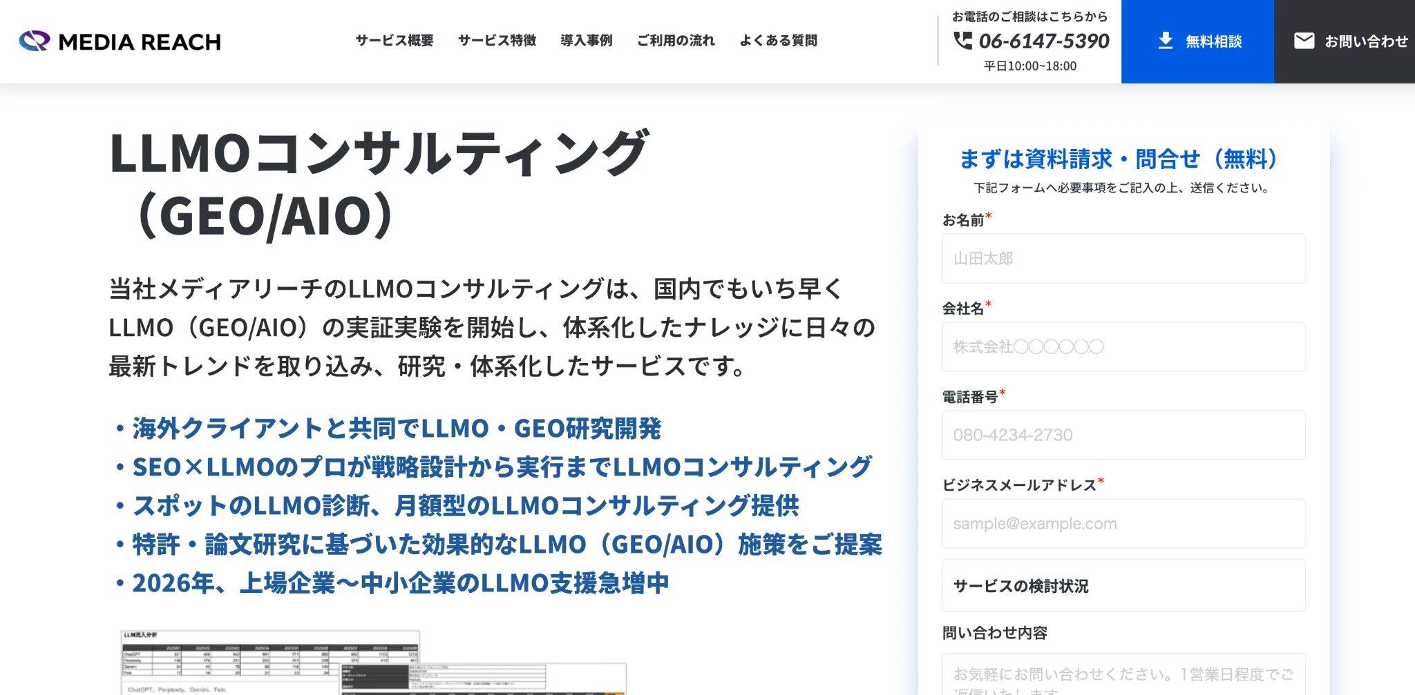 株式会社メディアリーチのLLMOコンサルティングページのスクリーンショット
