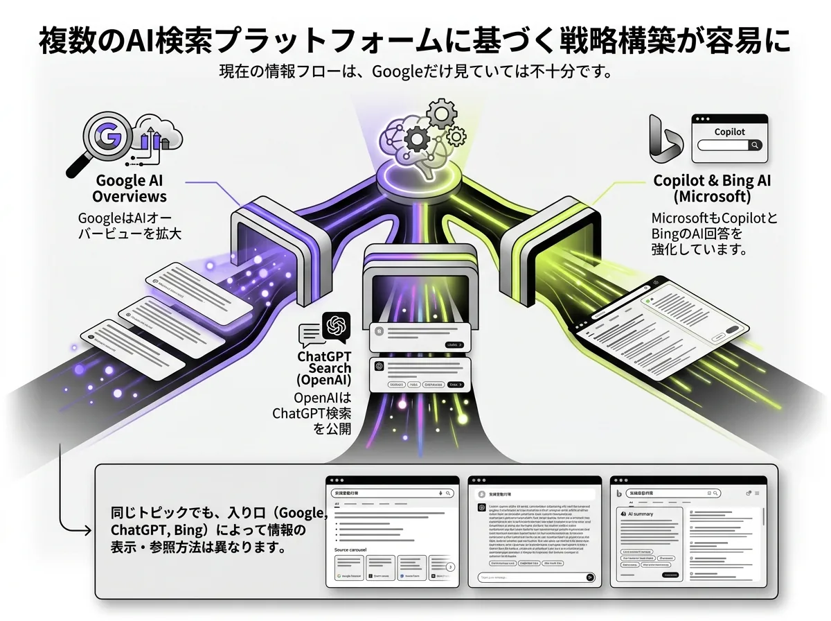 複数のAI検索プラットフォームごとに見え方が変わることを示した図解