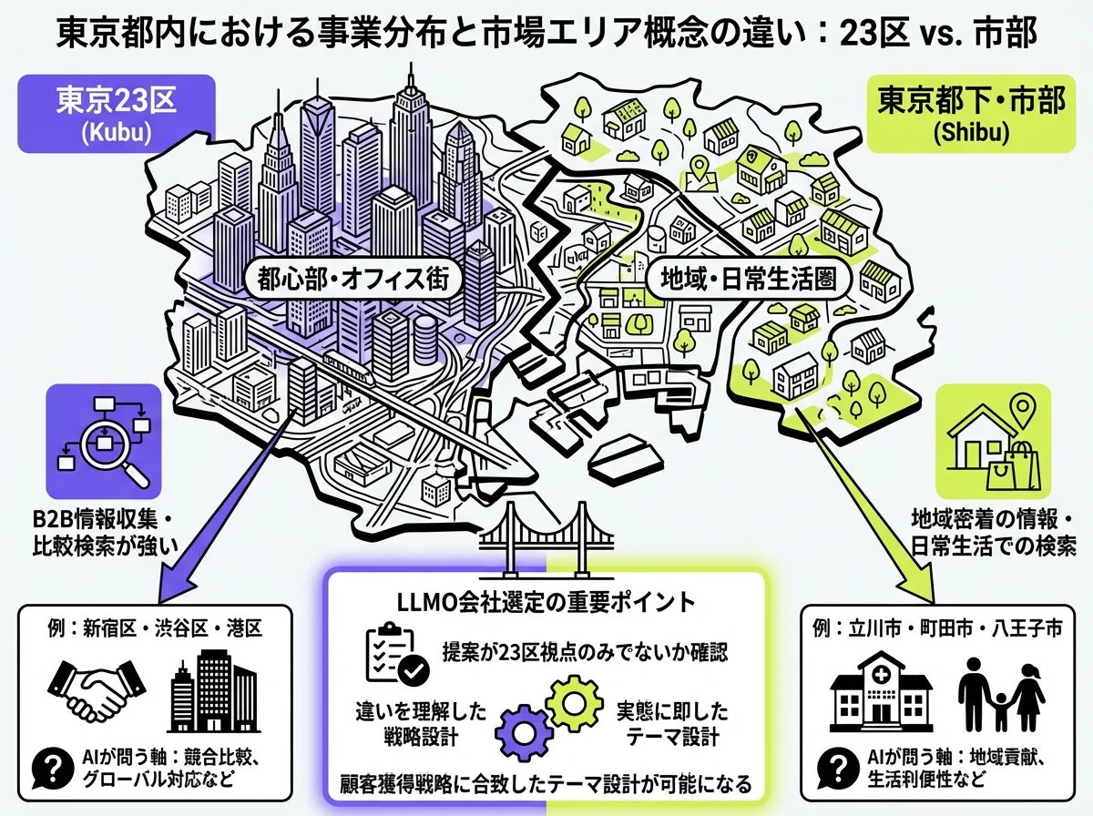 東京23区と市部の商圏の違いを示した図