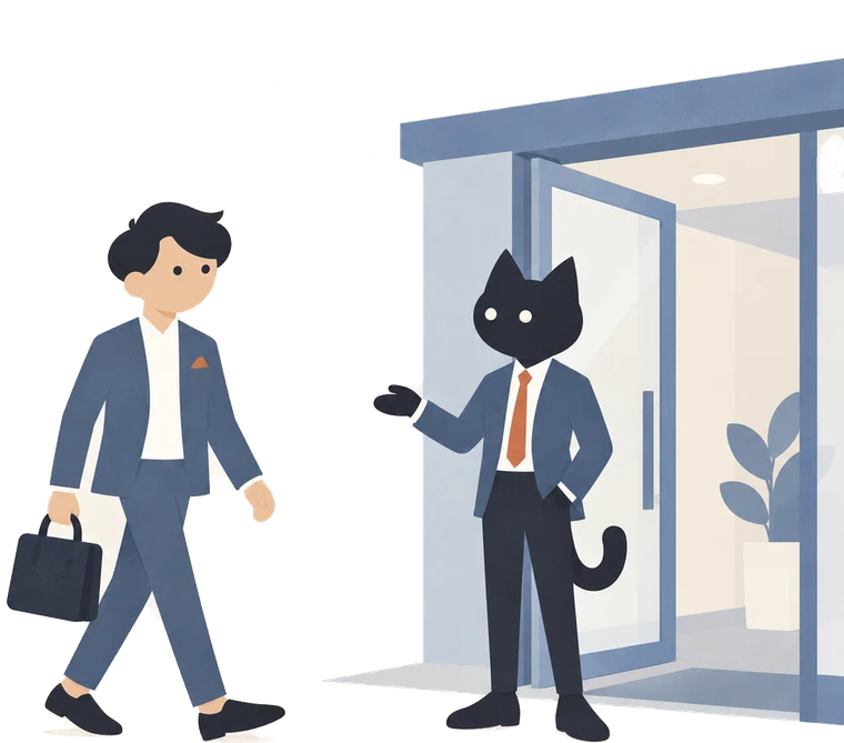 ビルの入口で、扉を開けて迎える黒猫と、歩いてくる人のイラスト