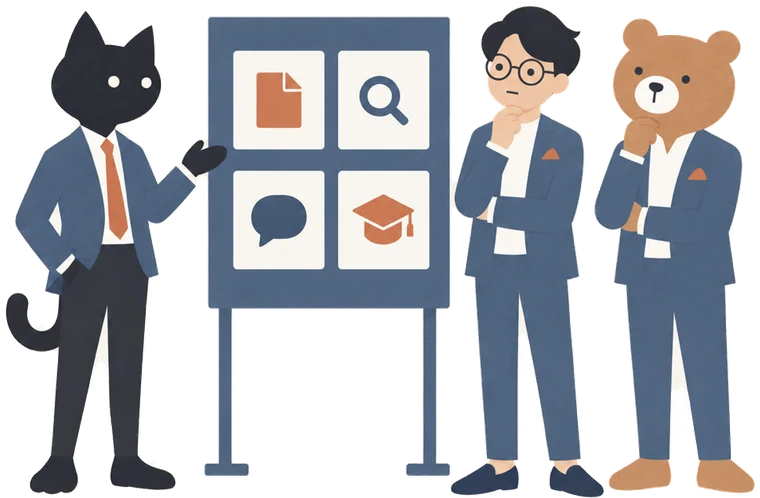 4枚のカードを貼った板を手で示す黒猫と、それを見るクマと眼鏡の人のイラスト