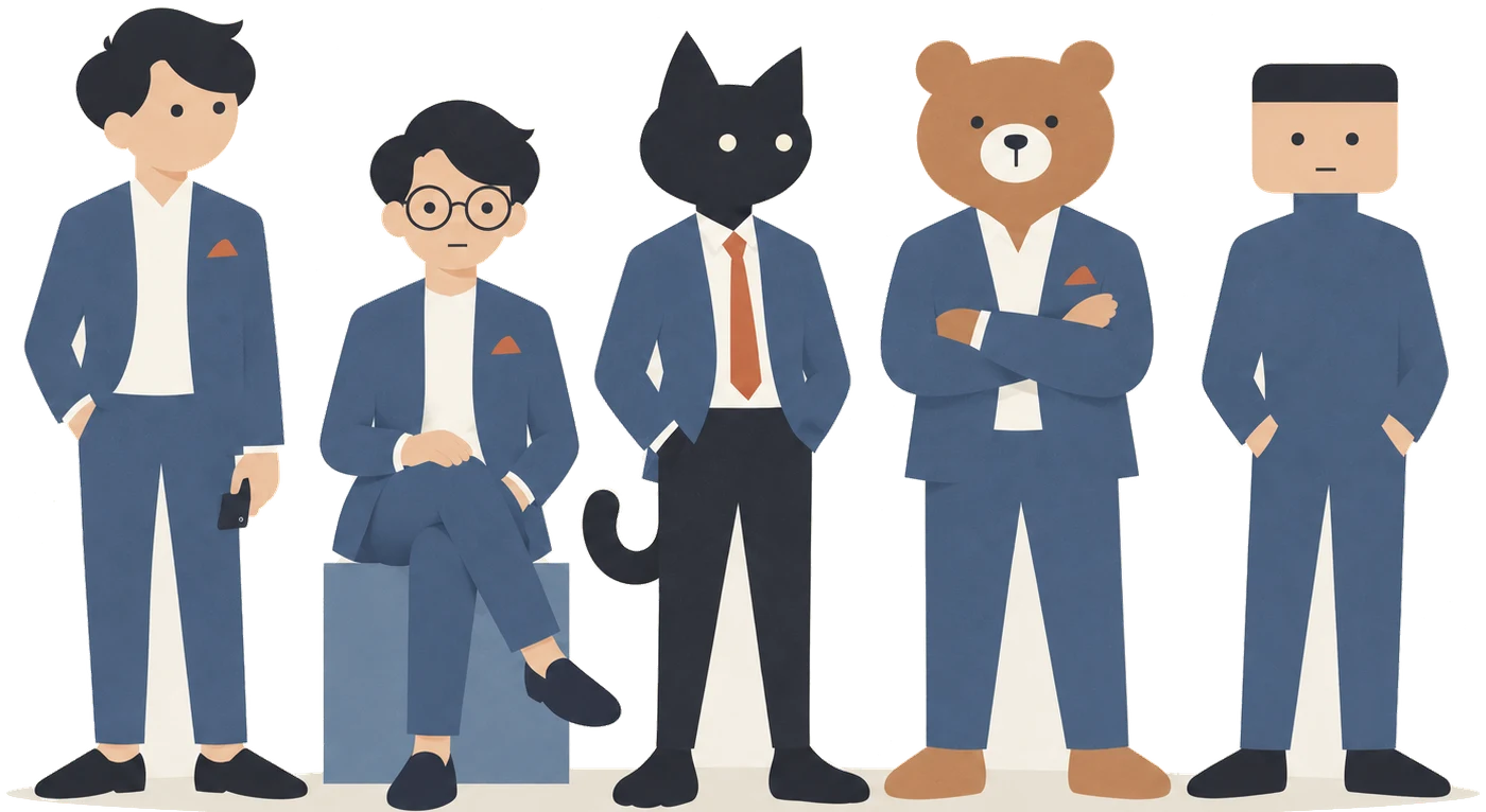 株式会社AIMAの5人のキャラクター。黒髪の人、眼鏡の人、黒猫、クマ、四角い頭の人が並んで立つイラスト