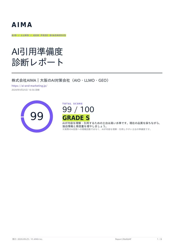 AIO診断レポートの1ページ目。総合99点／100点