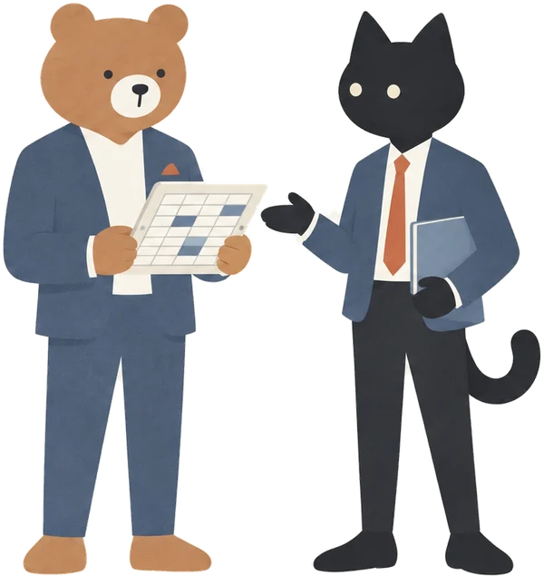月末に、AIMAの黒猫が御社のクマにタブレットのスプレッドシートを見せて報告している