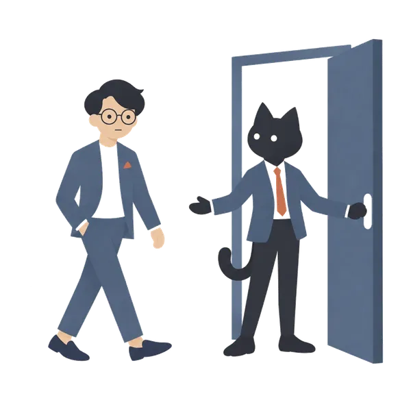 扉を開けて迎える黒猫のイラスト