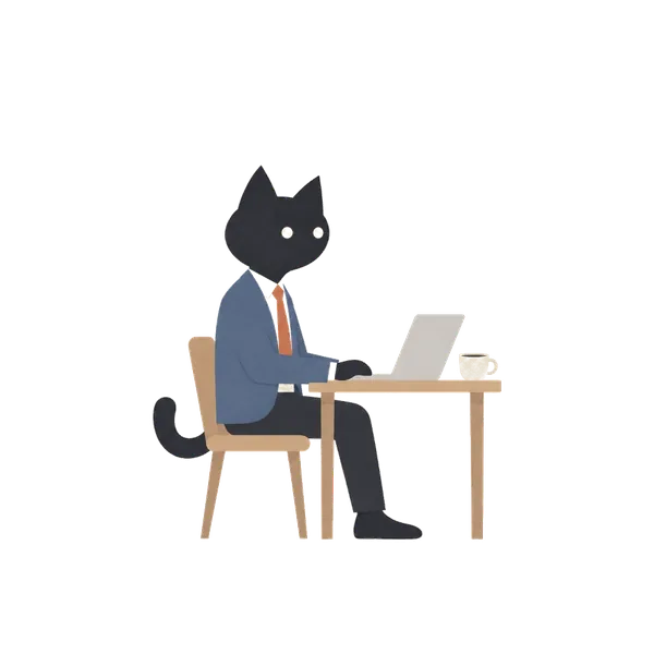 小さな机とノートパソコンだけで働く黒猫のイラスト