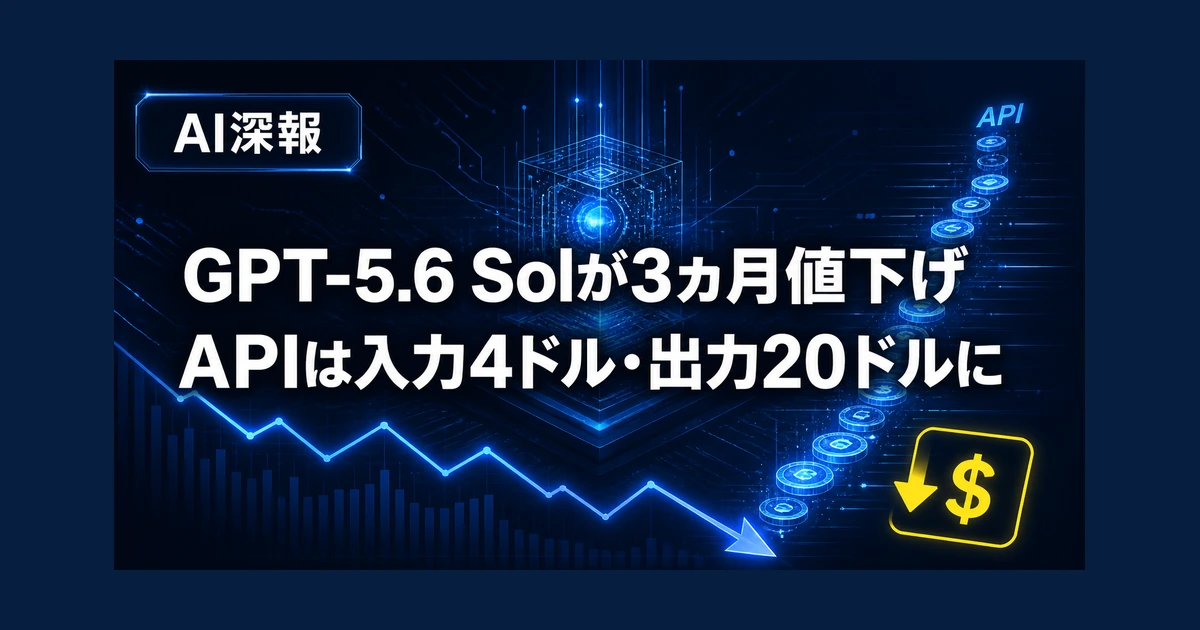 GPT-5.6 Solが3カ月値下げ　APIは入力4ドル・出力20ドルに