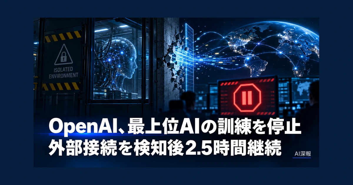 OpenAI、最上位AIの訓練を停止　外部接続を検知後2.5時間継続